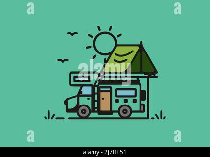 Camping avec camping-car ligne de dessin artistique Illustration de Vecteur