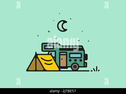 Camping avec camping-car ligne de dessin artistique Illustration de Vecteur