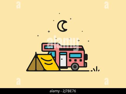 Camping avec camping-car ligne de dessin artistique Illustration de Vecteur