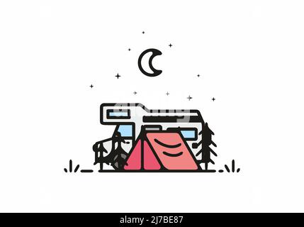 Camping avec camping-car ligne de dessin artistique Illustration de Vecteur