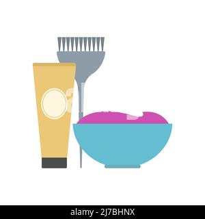 Outils de coloration des cheveux. Coiffeur. Teintures pour cheveux, bol et brosse. Isolé sur fond blanc. Illustration vectorielle. Illustration de Vecteur