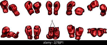 Définir le dessin des gants de boxe rouges sur un arrière-plan blanc isolé. Équipement sportif vintage pour le kickboxing dans un style gravé. Motif vectoriel dessiné à la main pour p Illustration de Vecteur