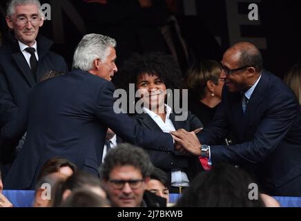 Président français Emmanuel Macron lors de la coupe française, match final entre l'OGC Nice et le FC Nantes le 7 mai 2022 à Paris, France. Photo de Christian Liewig/ABACAPRESS.COM Banque D'Images