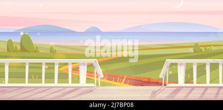 Terrasse en bois blanc et vue sur le paysage d'été avec champs verts et lac à l'horizon. Dessin animé vectoriel de campagne avec buissons, colline, Illustration de Vecteur