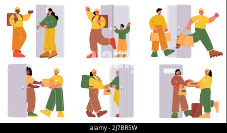 Un jeu de caractères de messagerie livre les colis à la porte du client. Employé du service d'expédition avec une épicerie, de la nourriture, une boîte de carton, une pizza ou des sacs en papier qui apportent la commande Illustration de Vecteur