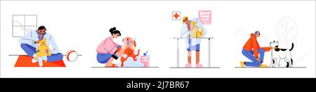 Les gens s'occupent des chiens. Les hommes et les femmes qui marchent, jouent, s'embrasent ou se lavent, se rendent à la clinique vétérinaire avec des animaux de compagnie. Loisirs, communication, amour Illustration de Vecteur