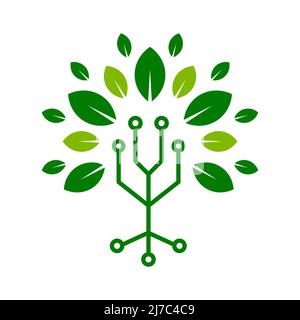 Symbole vert de l'arbre technique. Éléments de carte de circuit imprimé avec des lames. Icône de l'arborescence numérique. Technologie et connexion à la nature. Innovation respectueuse de l'environnement. Illustration de Vecteur