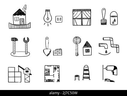 Réparations à domicile, construction, ensemble d'icônes vectorielles noir-blanc Illustration de Vecteur