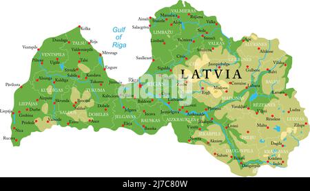 Carte physique très détaillée de la Lettonie, en format vectoriel, avec toutes les formes de secours, les régions et les grandes villes. Illustration de Vecteur
