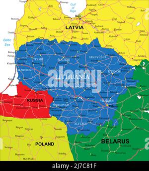 Carte vectorielle très détaillée de la Lituanie avec régions administratives, principales villes et routes Illustration de Vecteur