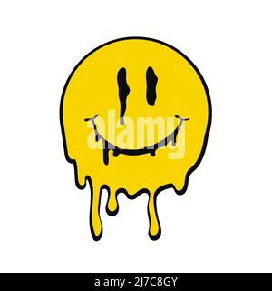 L'émotion souriante a fondu. La face jaune positive se répand en gouttes Illustration de Vecteur