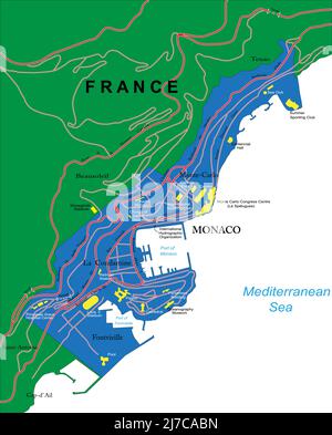 Carte vectorielle très détaillée de Monaco avec régions administratives, principales villes et routes. Illustration de Vecteur