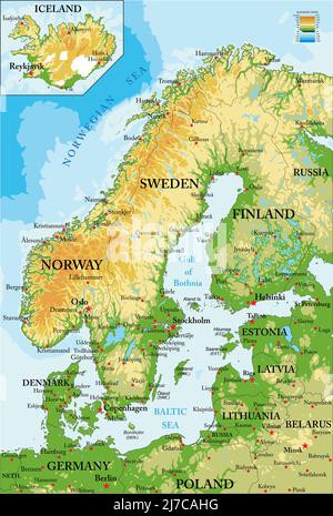 Carte physique très détaillée de la Scandinavie, au format vectoriel, avec toutes les formes de relief. Illustration de Vecteur