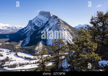 Chaîne de montagnes enneigée du Mont Rundle avec forêt enneigée sur ciel bleu en hiver ensoleillé. Parc national Banff, Rocheuses canadiennes. Banque D'Images