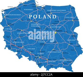 Carte vectorielle très détaillée de la Pologne avec régions administratives, principales villes et routes. Illustration de Vecteur