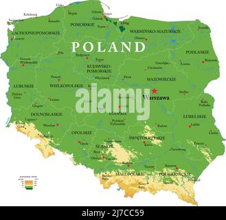 Carte physique très détaillée de la Pologne, en format vectoriel, avec toutes les formes de relief, les régions et les grandes villes. Illustration de Vecteur