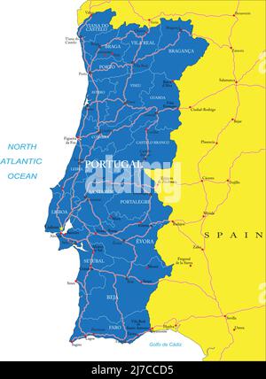 Carte vectorielle très détaillée du Portugal avec régions administratives, principales villes et routes. Illustration de Vecteur