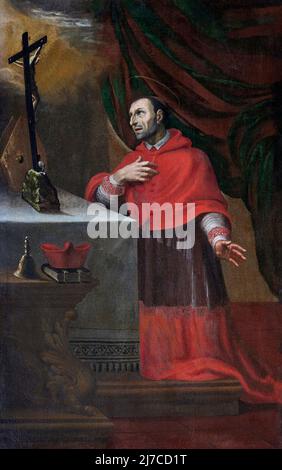 San Carlo Borromeo - olio su tela - pittore bresciano dell' inizio del XVII secolo - Seniga (BS),Italia, chiesa di S. Apollonio Banque D'Images