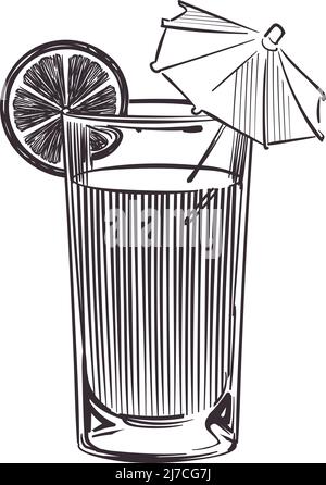 Verre à cocktail avec tranche d'agrumes et parapluie. Buvez le croquis Illustration de Vecteur