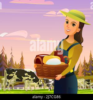 Fille agriculteur avec panier. Les vaches broutage. Paysage rural collines. Herbe de pâturage verte. Vue d'été. Lait de ferme et produits laitiers. Style dessin animé plat Illustration de Vecteur