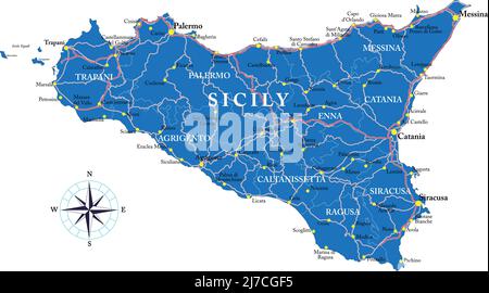 Carte vectorielle très détaillée de la Sicile avec régions administratives, principales villes et routes. Illustration de Vecteur