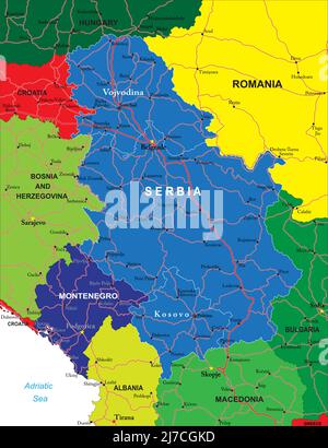 Carte détaillée de la Serbie et de Muntenegro.chaque fichier est construit en utilisant des multiplicateurs, y compris les frontières des pays, les noms de pays, les routes principales et un très de Illustration de Vecteur