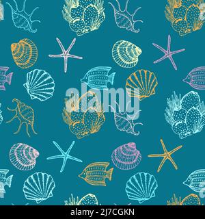 Motif sans couture esquissé Sea Animals. Motif de surface dessiné à la main par Marine Life Creatures. Illustration de Vecteur