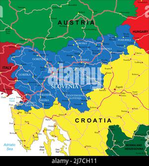 Carte vectorielle très détaillée de la Slovénie avec régions administratives, principales villes et routes. Illustration de Vecteur
