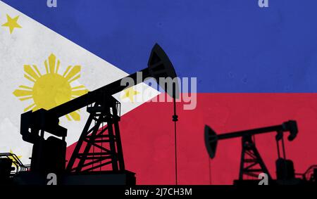 Contexte de l'industrie du pétrole et du gaz. Silhouette de la pompe à huile contre le drapeau des philippines. 3D rendu Banque D'Images