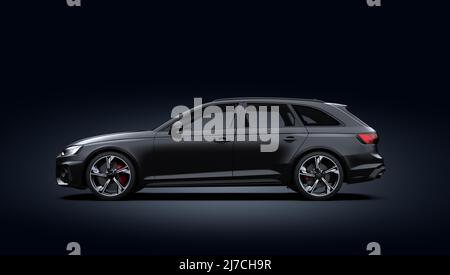 Voiture sport générique noire sans marque sur fond sombre : illustration 3D Banque D'Images