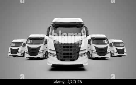 Flotte de camions sur fond gris : illustration 3D Banque D'Images