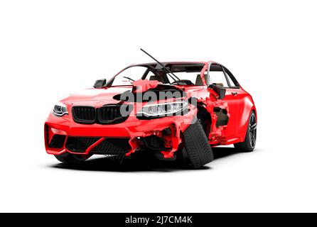 Accident de voiture sport générique rouge sans marque, illustration 3D. Banque D'Images