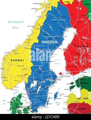 Carte vectorielle très détaillée de la Suède avec régions administratives, principales villes et routes. Illustration de Vecteur