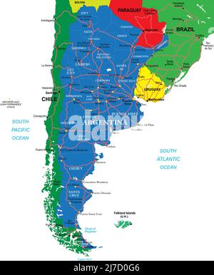 Carte vectorielle très détaillée Argentine avec régions administratives, principales villes et routes. Illustration de Vecteur