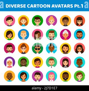 Ensemble de 30 avatars ronds divers sur cercles de couleur. Différentes origines ethniques, âges et styles de cheveux. Style dessin animé plat mignon et simple. Illustration de Vecteur