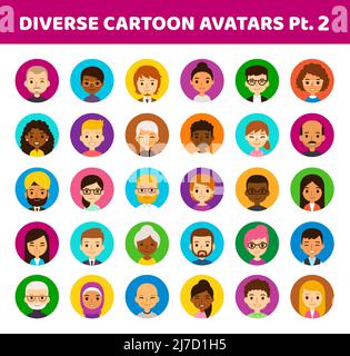 Ensemble de 30 avatars ronds divers sur cercles de couleur. Différentes origines ethniques, âges et styles de cheveux. Style dessin animé plat mignon et simple. Illustration de Vecteur