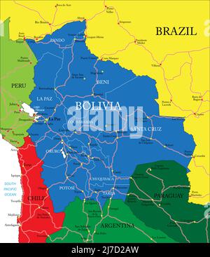 Carte vectorielle très détaillée de la Bolivie avec régions administratives, principales villes et routes. Illustration de Vecteur