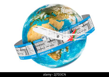 Global Air Travel concept. Earth Globe avec billets et avion, 3D rendu isolé sur fond blanc Banque D'Images