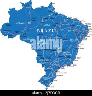 Carte vectorielle très détaillée du Brésil avec régions administratives, principales villes et routes. Illustration de Vecteur