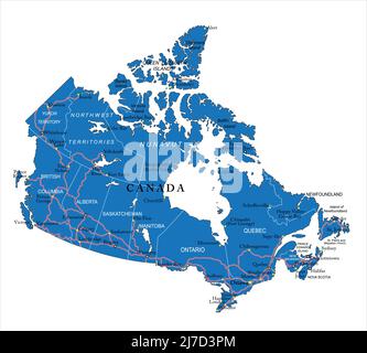 Carte vectorielle très détaillée du Canada avec régions administratives, principales villes et routes. Illustration de Vecteur