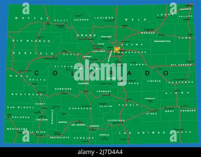 Carte vectorielle très détaillée du Colorado, avec comtés, villes principales et routes. Illustration de Vecteur