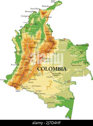 Carte physique très détaillée de la Colombie, en format vectoriel, avec toutes les formes de relief, les régions et les grandes villes. Illustration de Vecteur