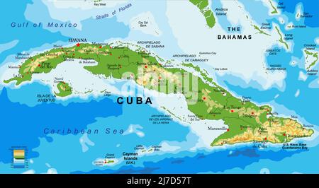 Carte physique très détaillée de Cuba, en format vectoriel, avec toutes les formes de relief, les régions et les grandes villes. Illustration de Vecteur