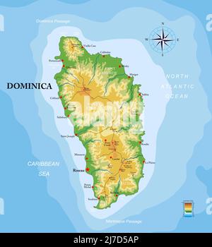 Carte physique très détaillée de l'île de Dominique, en format vectoriel, avec toutes les formes de relief, les régions et les grandes villes. Illustration de Vecteur