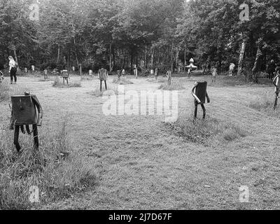 Robots de métal de déchets par David Hartland au parc de sculptures de Cotswold à Somerford Keynes nr Cirencester Gloucestershire Banque D'Images
