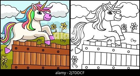 Illustration de la page de coloriage de licorne de saut Illustration de Vecteur