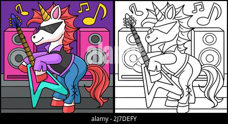 Illustration de la page de coloriage du guitariste Unicorn Illustration de Vecteur