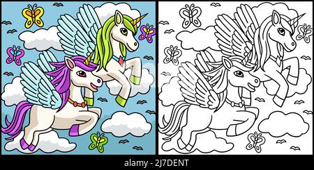 Vol unicorns coloriage page colorée Illustration Illustration de Vecteur