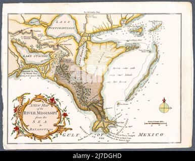 'Une nouvelle carte de la rivière Mississipi: De la mer à Bayagoulas.' Une reproduction restaurée. 'Une nouvelle carte de la rivière Mississipi: De la mer à Bayagoulas.' Une reproduction restaurée sur une carte de 1761. Notez la modification de l'orthographe du Mississippi. Le titre cartouche montre la tête d'un homme et son ornementation. La carte présente de nombreuses caractéristiques géographiques. L'original semblait avoir été fait à la main. Banque D'Images