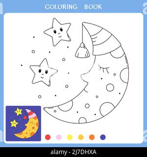 Lune mignonne et étoiles pour le livre de coloriage Banque D'Images